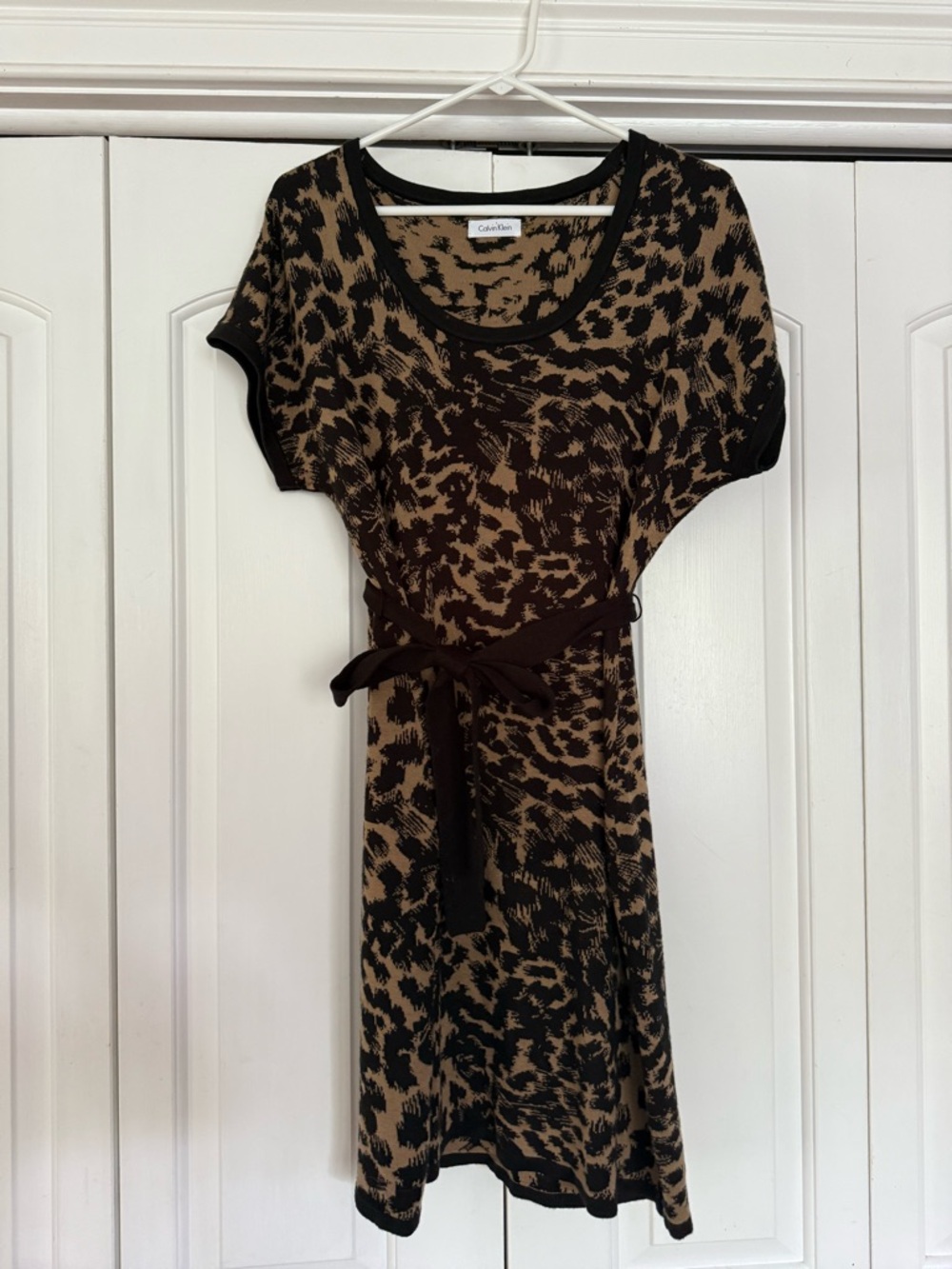 Calvin Klein Black and Brown Leopard-Print Knit Dress